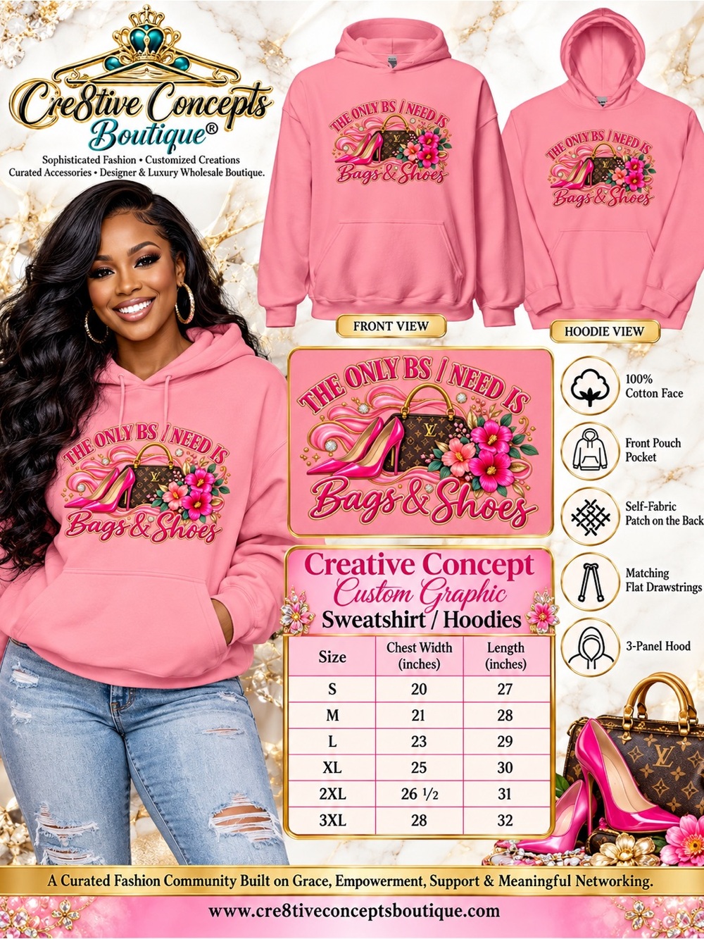 Custom Graphic “The Only BS I Need Is Bags & Shoes” Hoodie.
